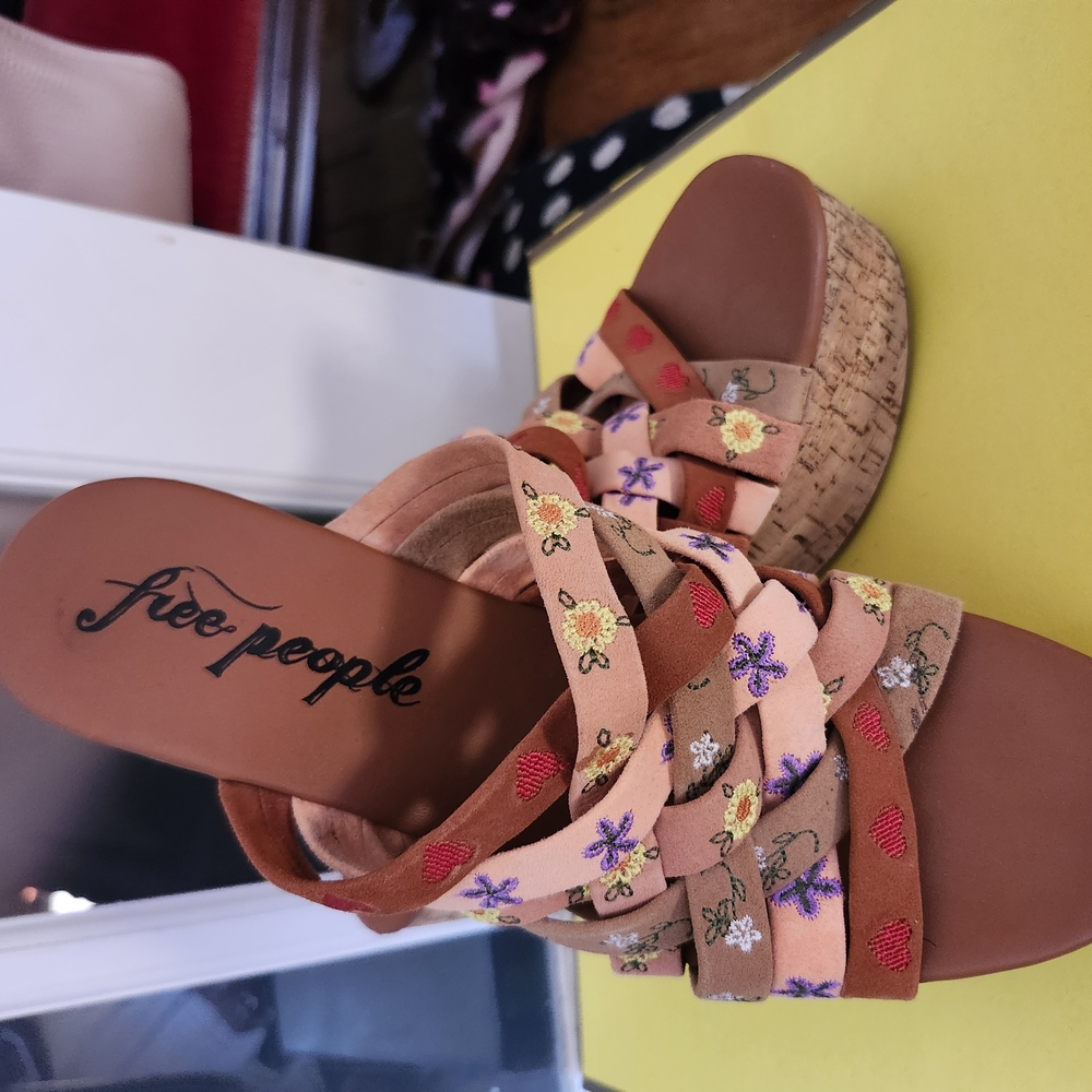 Free People Pink and Tan Mules with Crisscross Straps